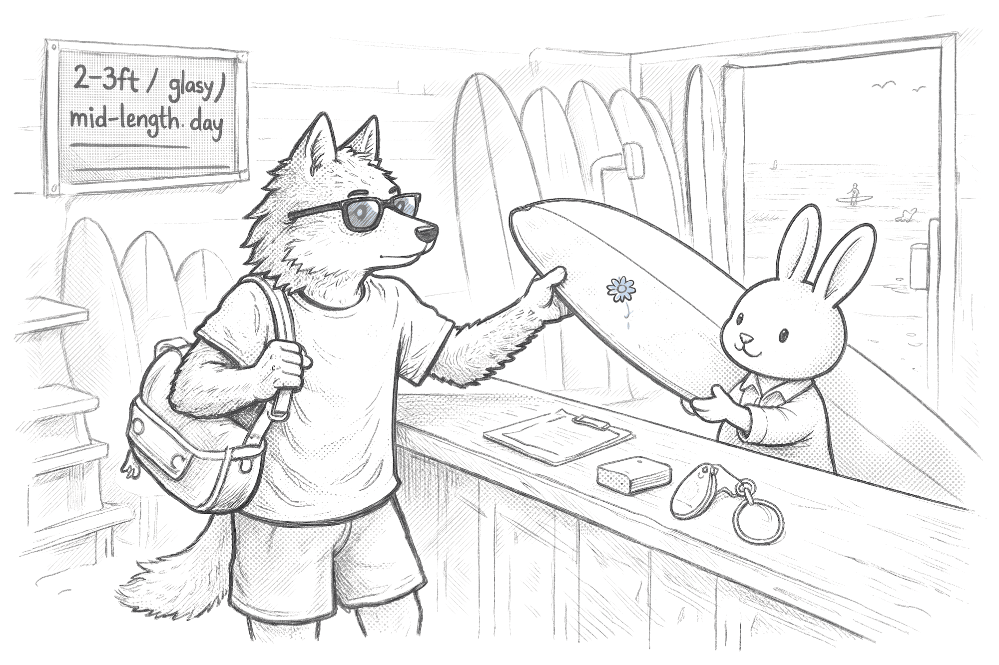 Illustration of a traveling surfer at a rental counter