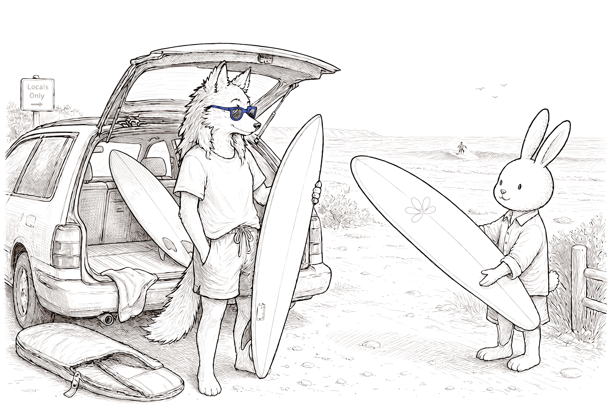 Illustration of a surfer with the wrong board at their car
